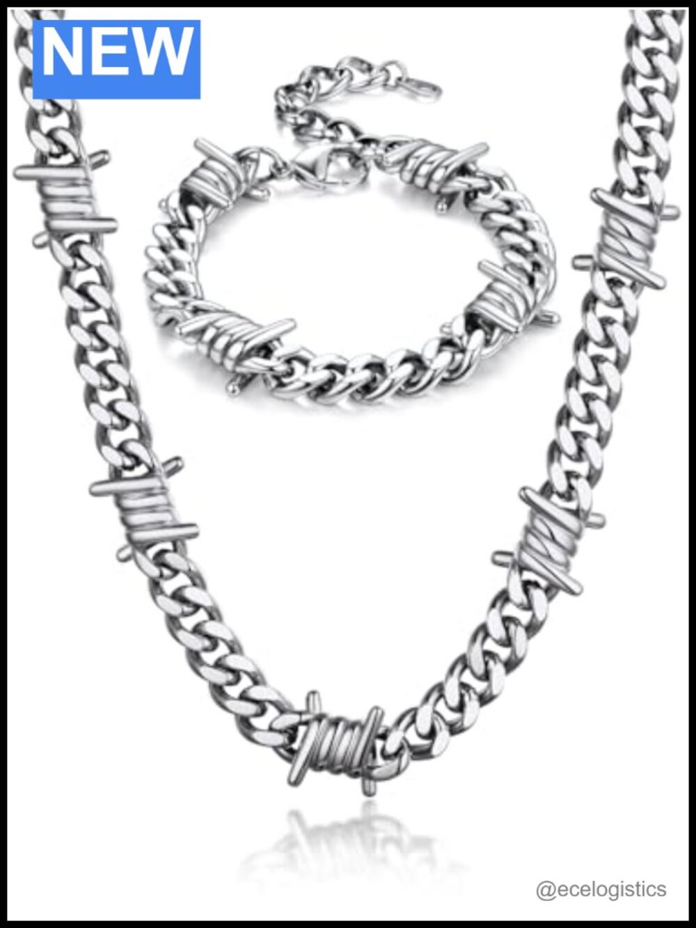 316L Stainless Steel Barbed Wire Chain Necklace Bracelet Set